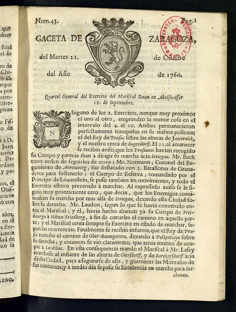 Miniatura de Gazeta de Zaragoza del 21 de octubre de 1760