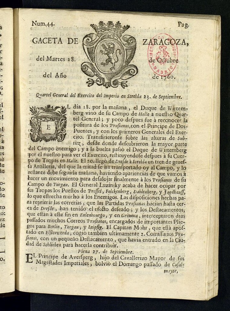 Miniatura de Gazeta de Zaragoza del 28 de octubre de 1760
