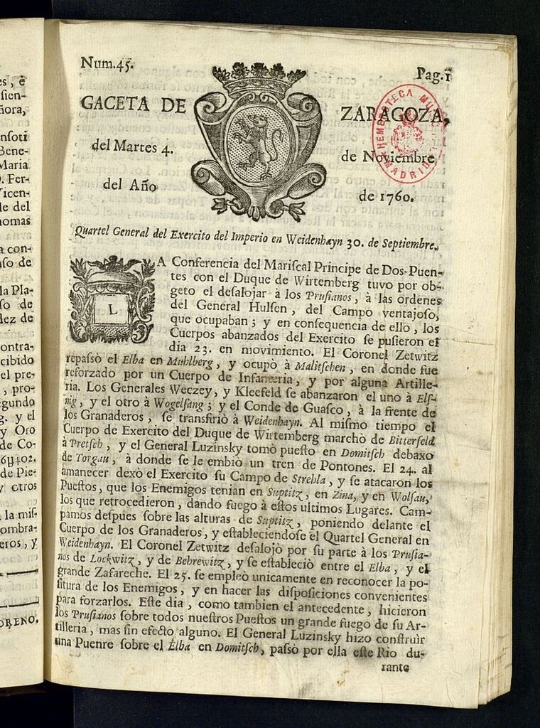 Miniatura de Gazeta de Zaragoza del 4 de noviembre de 1760