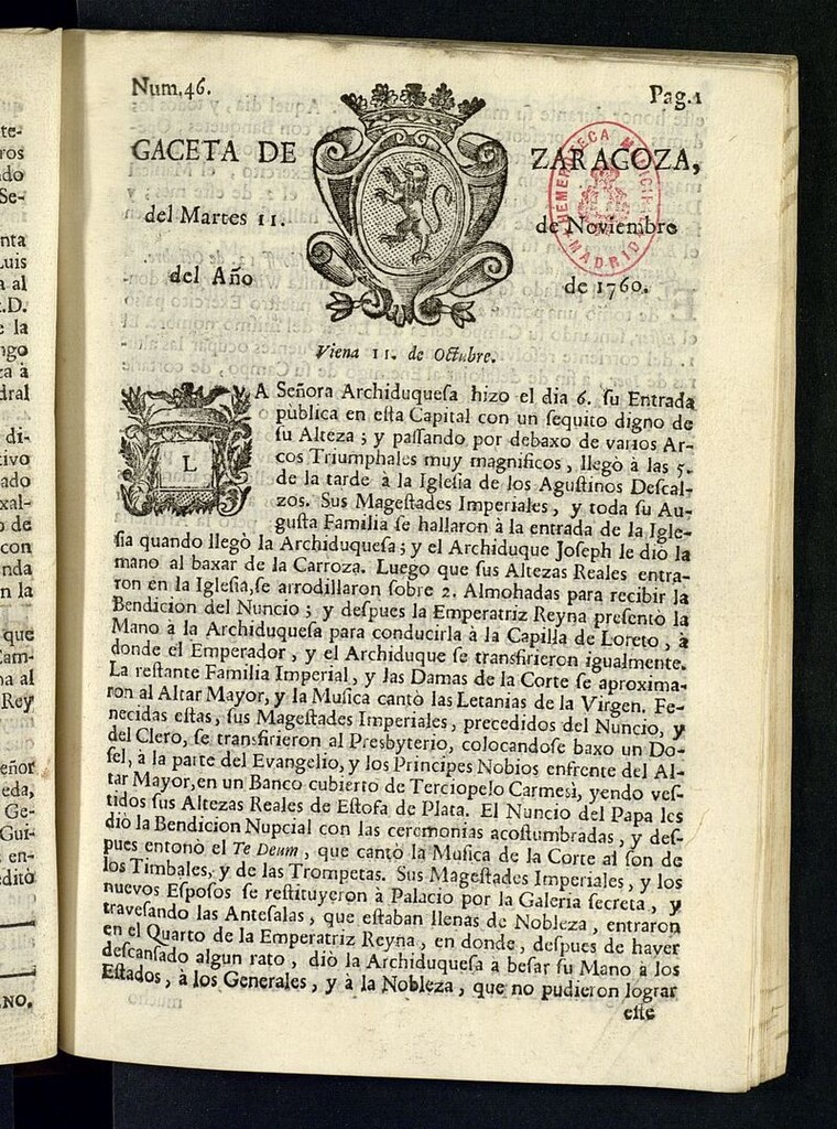 Miniatura de Gazeta de Zaragoza del 11 de noviembre de 1760