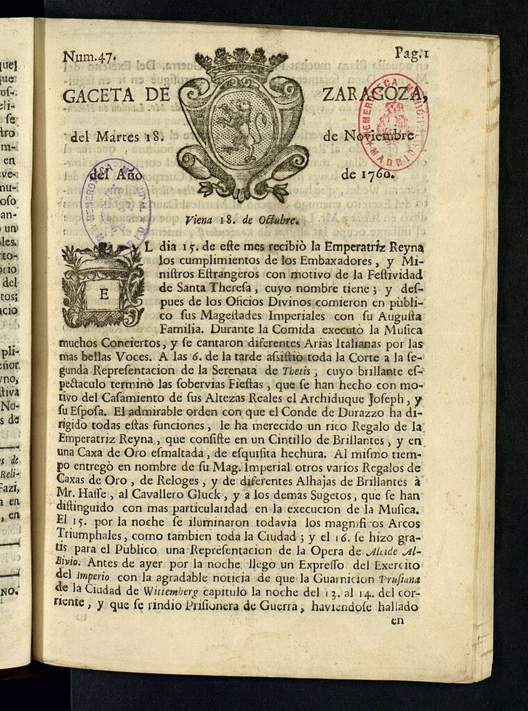 Miniatura de Gazeta de Zaragoza del 18 de noviembre de 1760