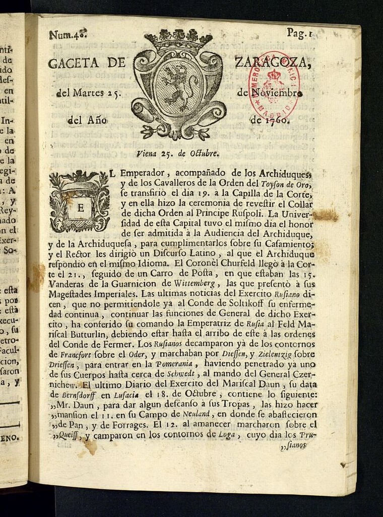 Miniatura de Gazeta de Zaragoza del 25 de noviembre de 1760
