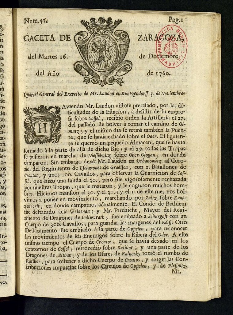 Miniatura de Gazeta de Zaragoza del 16 de diciembre de 1760