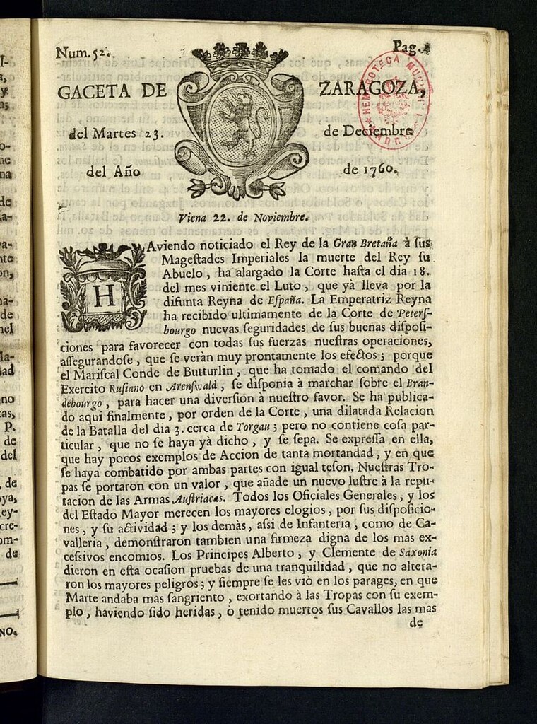 Miniatura de Gazeta de Zaragoza del 23 de diciembre de 1760