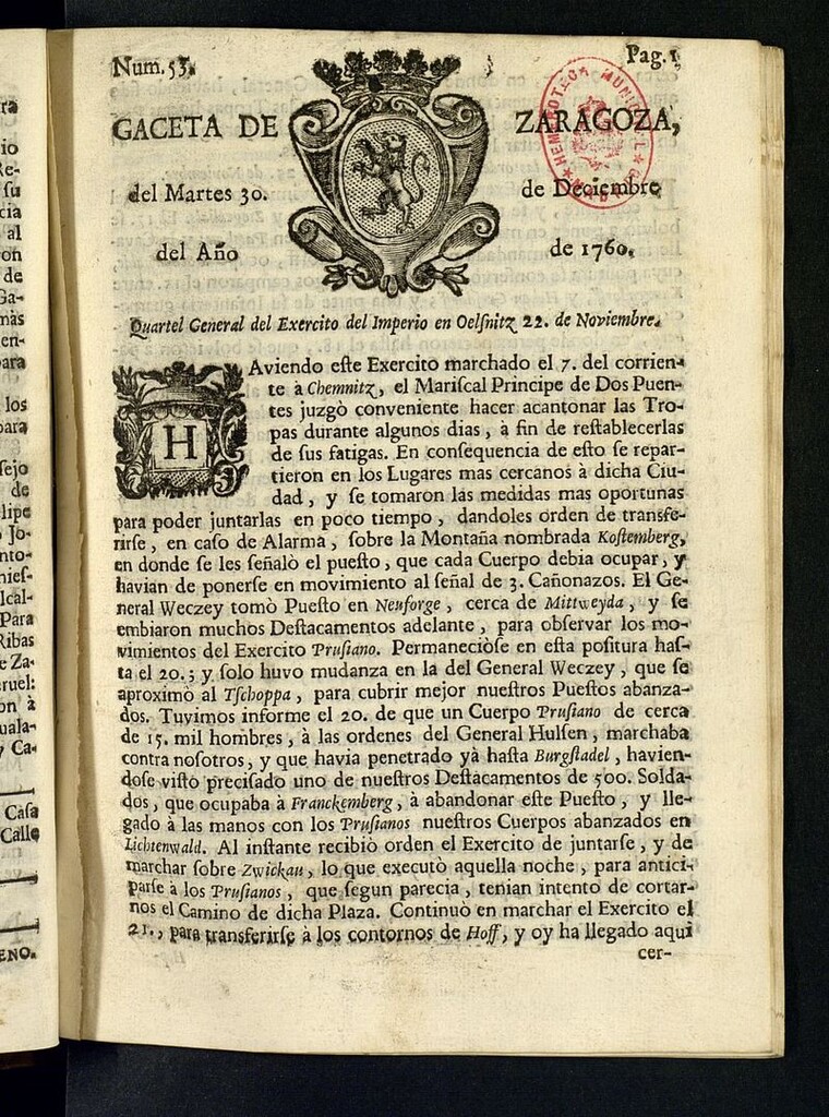 Miniatura de Gazeta de Zaragoza del 30 de diciembre de 1760
