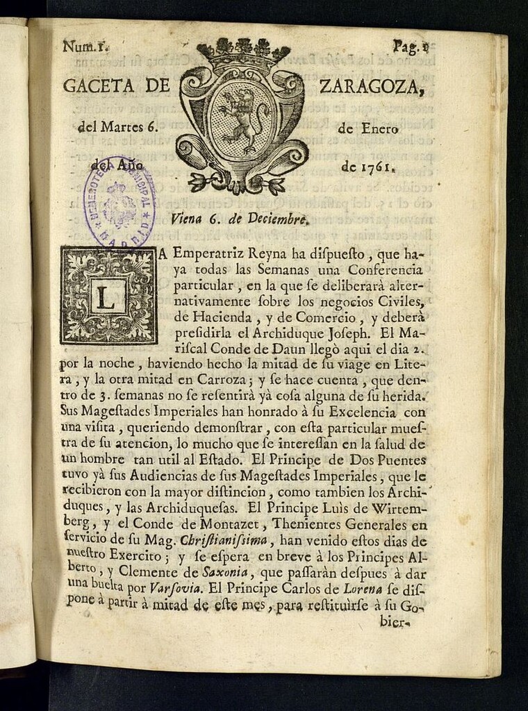 Miniatura de Gazeta de Zaragoza del 6 de enero de 1761