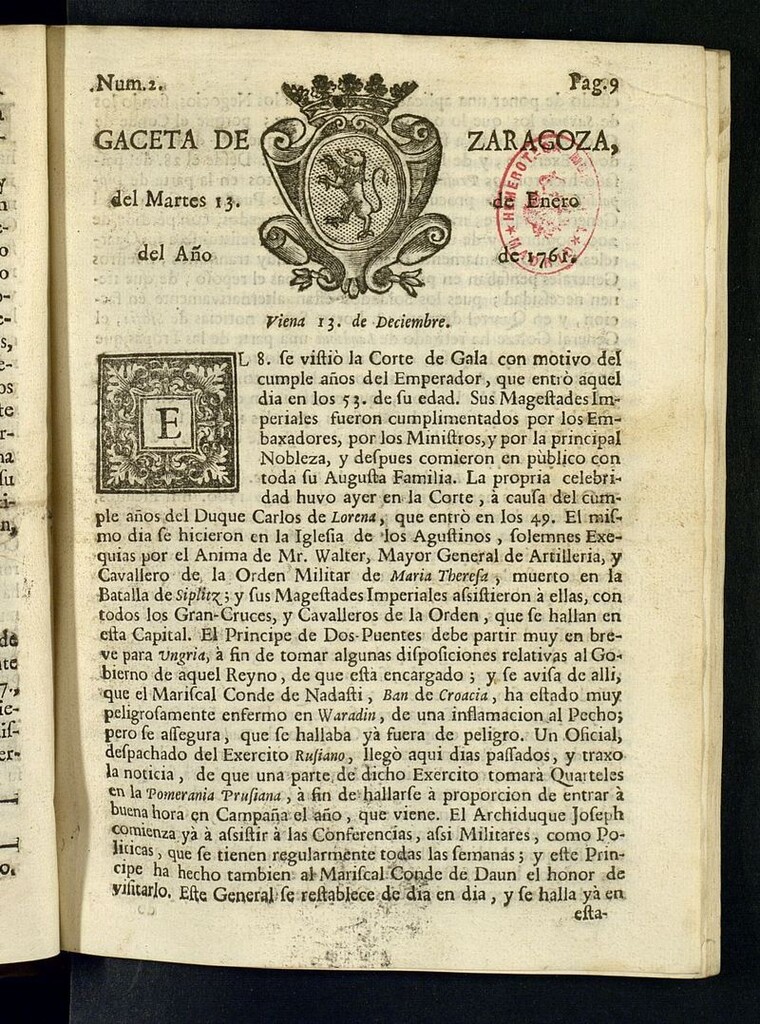 Miniatura de Gazeta de Zaragoza del 13 de enero de 1761
