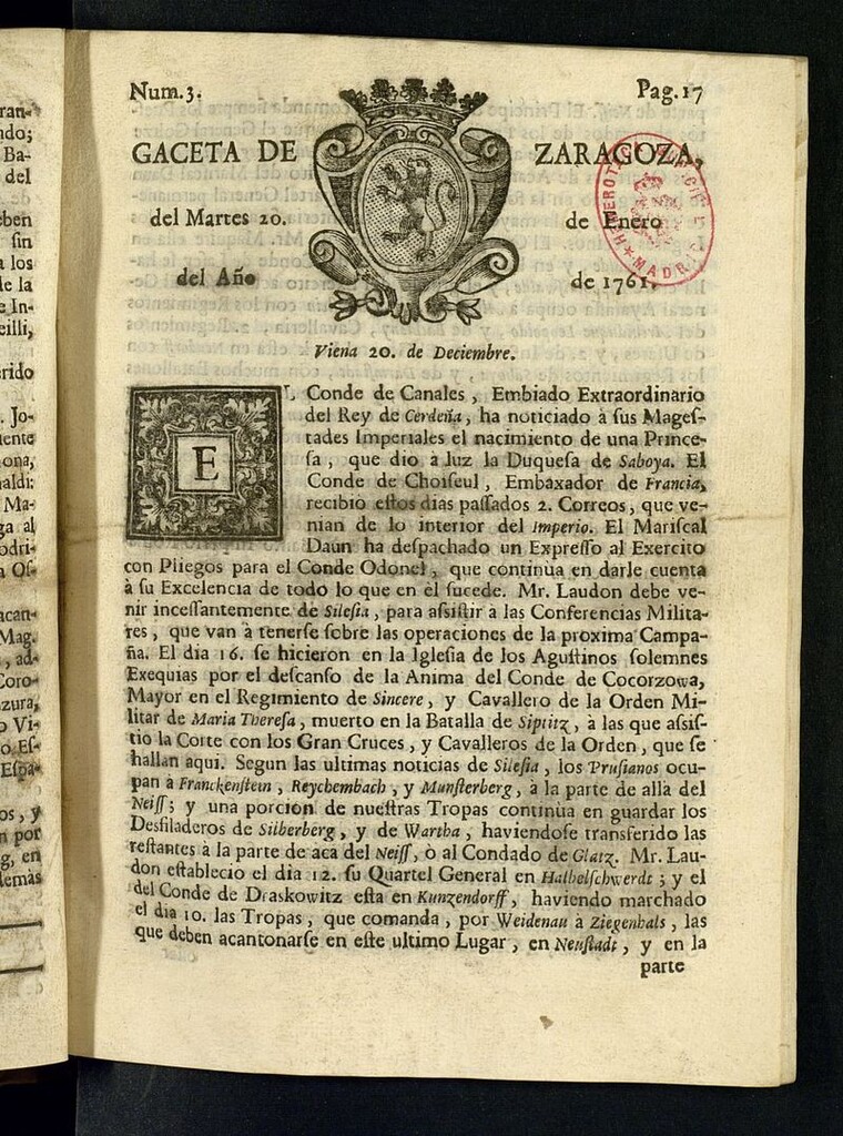 Miniatura de Gazeta de Zaragoza del 20 de enero de 1761