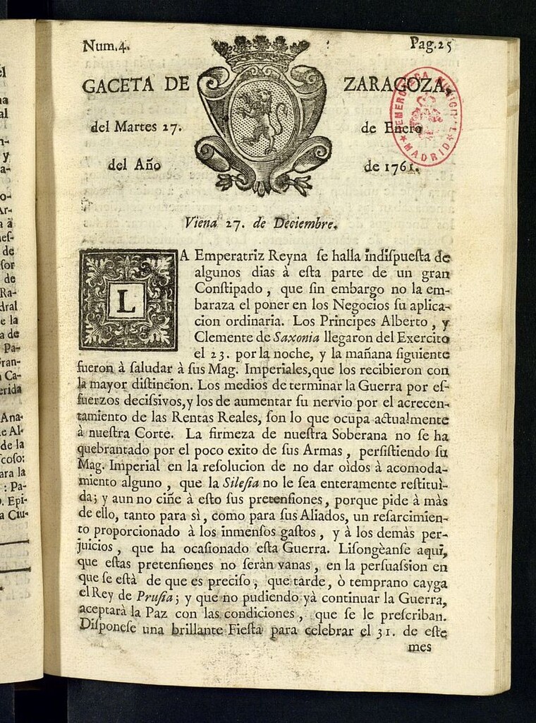 Miniatura de Gazeta de Zaragoza del 27 de enero de 1761