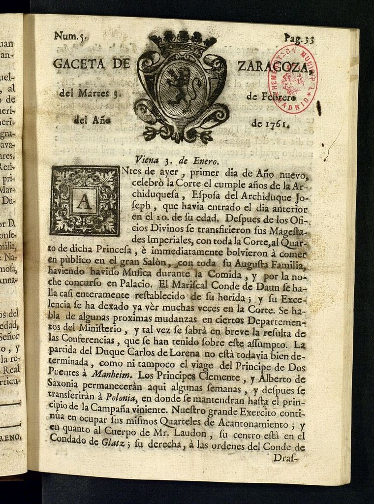 Miniatura de Gazeta de Zaragoza del 3 de febrero de 1761