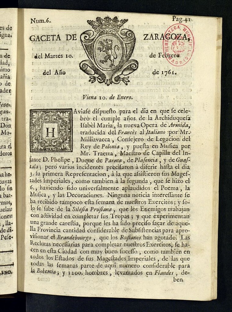 Miniatura de Gazeta de Zaragoza del 10 de febrero de 1761
