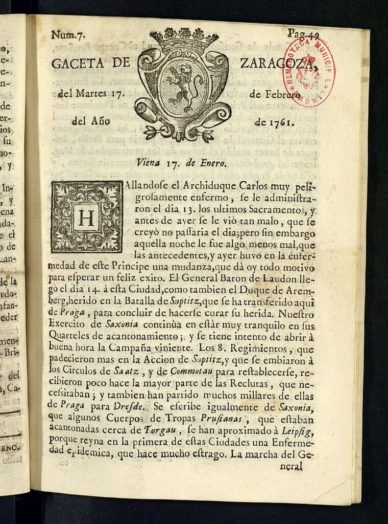 Miniatura de Gazeta de Zaragoza del 17 de febrero de 1761