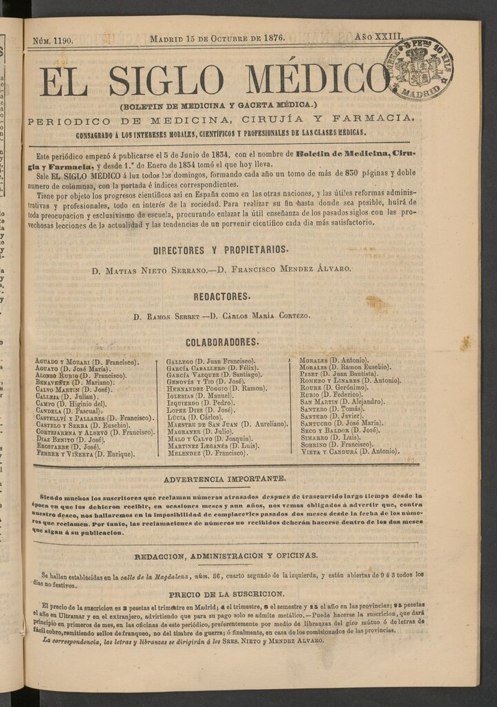 Miniatura de El Siglo Médico: boletín de medicina y gaceta médica del 15 de octubre de 1876