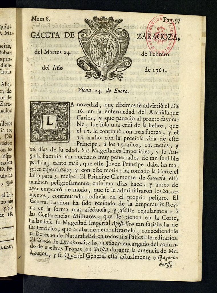 Miniatura de Gazeta de Zaragoza del 24 de febrero de 1761