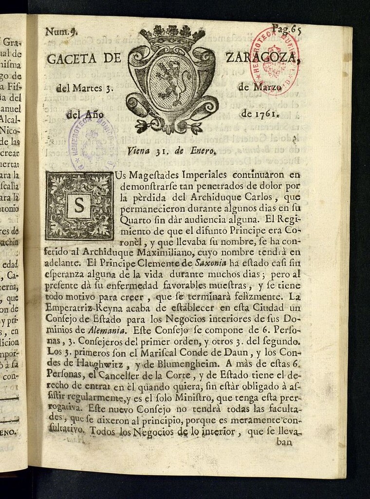 Miniatura de Gazeta de Zaragoza del 3 de marzo de 1761