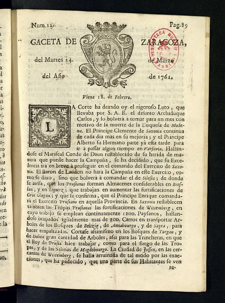 Miniatura de Gazeta de Zaragoza del 24 de marzo de 1761