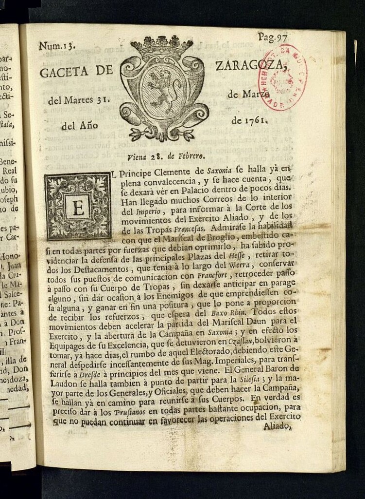 Miniatura de Gazeta de Zaragoza del 31 de marzo de 1761