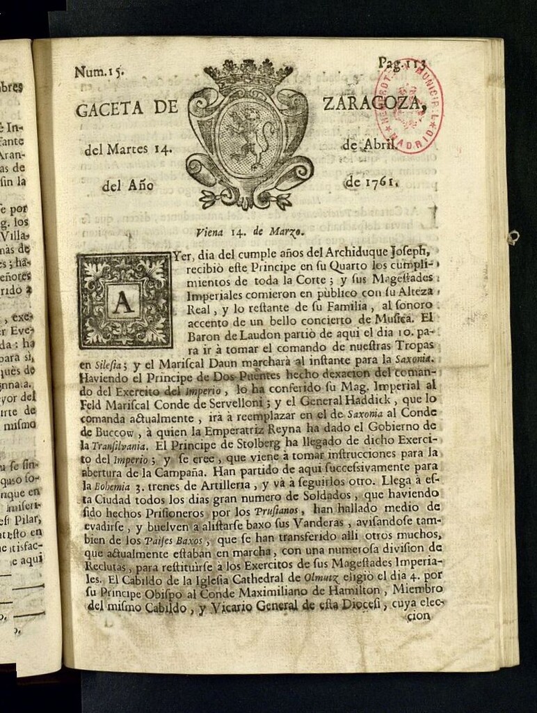 Miniatura de Gazeta de Zaragoza del 14 de abril de 1761