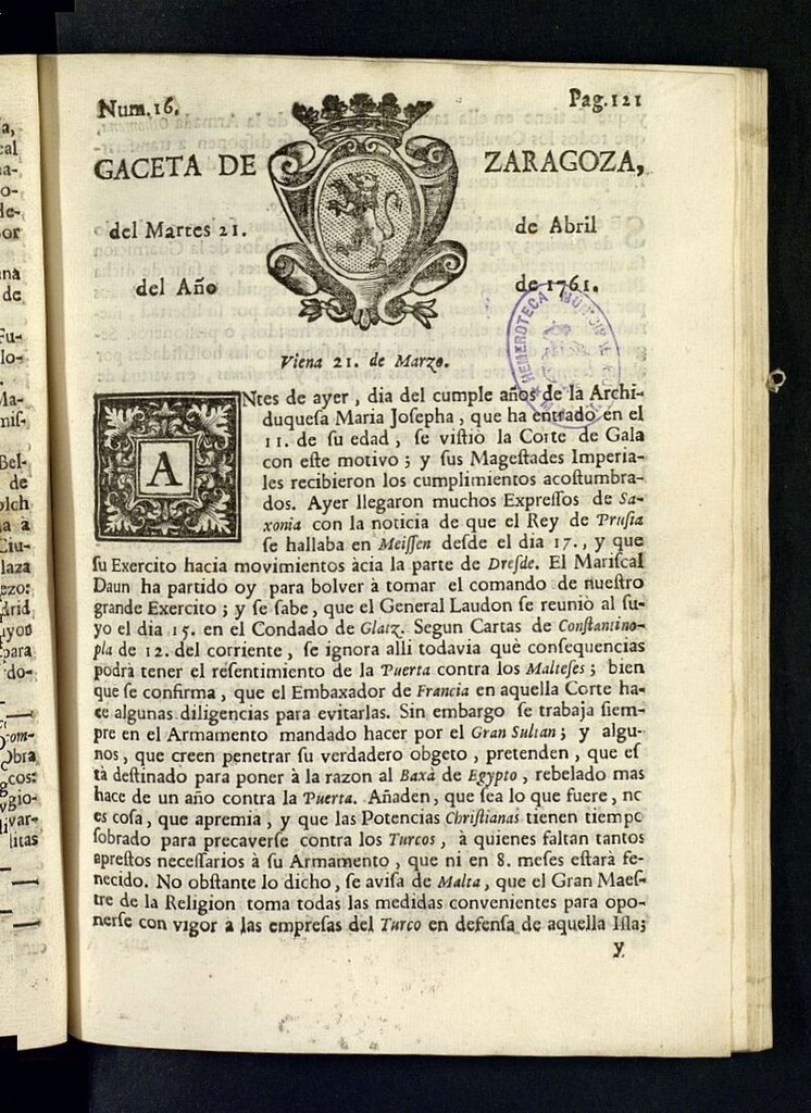 Miniatura de Gazeta de Zaragoza del 21 de abril de 1761