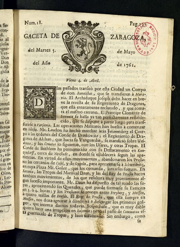 Miniatura de Gazeta de Zaragoza del 5 de mayo de 1761