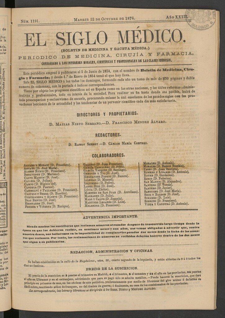 Miniatura de El Siglo Médico: boletín de medicina y gaceta médica del 22 de octubre de 1876