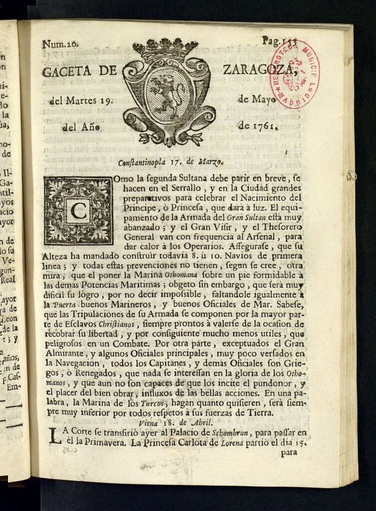 Miniatura de Gazeta de Zaragoza del 19 de mayo de 1761
