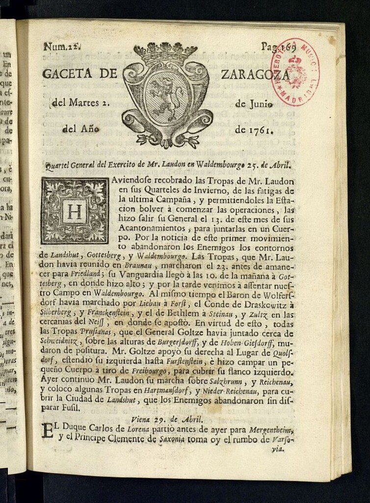Miniatura de Gazeta de Zaragoza del 2 de junio de 1761