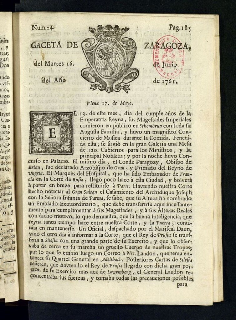 Miniatura de Gazeta de Zaragoza del 16 de junio de 1761