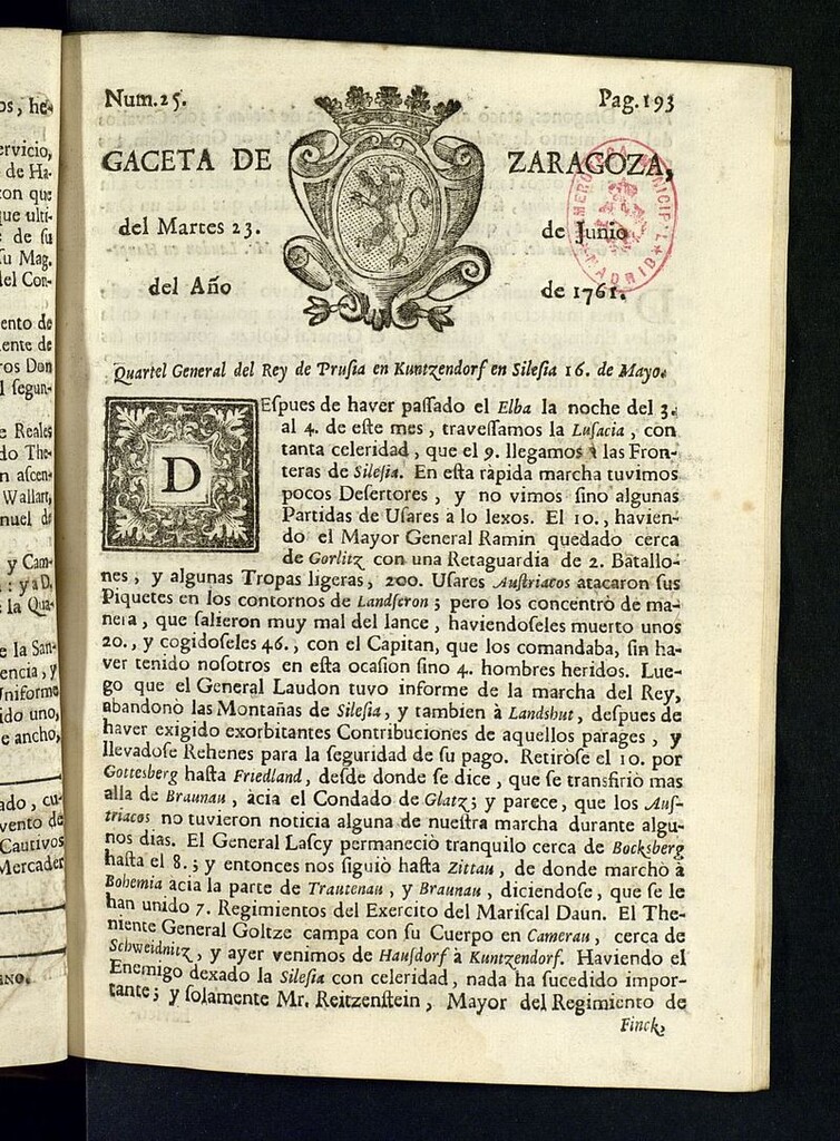 Miniatura de Gazeta de Zaragoza del 23 de junio de 1761