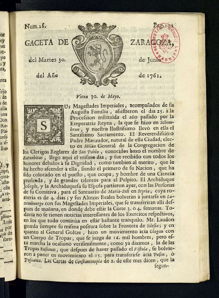 Miniatura de Gazeta de Zaragoza del 30 de junio de 1761