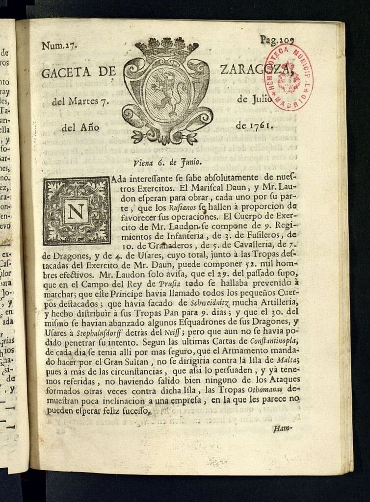 Miniatura de Gazeta de Zaragoza del 7 de julio de 1761