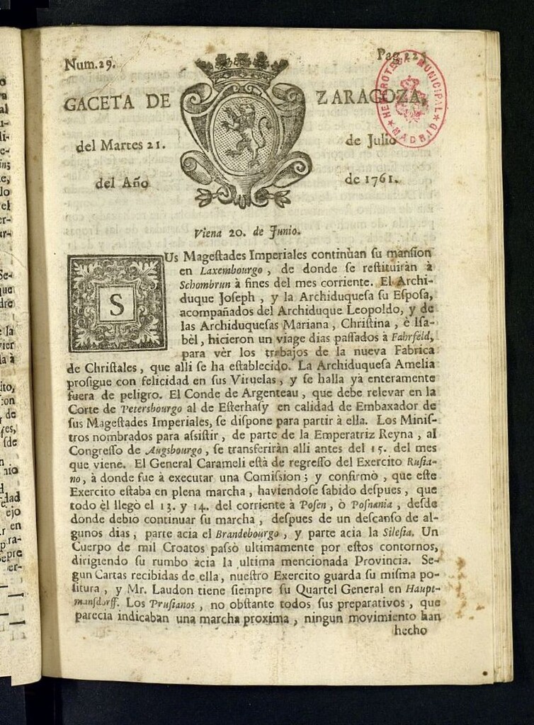 Miniatura de Gazeta de Zaragoza del 21 de julio de 1761