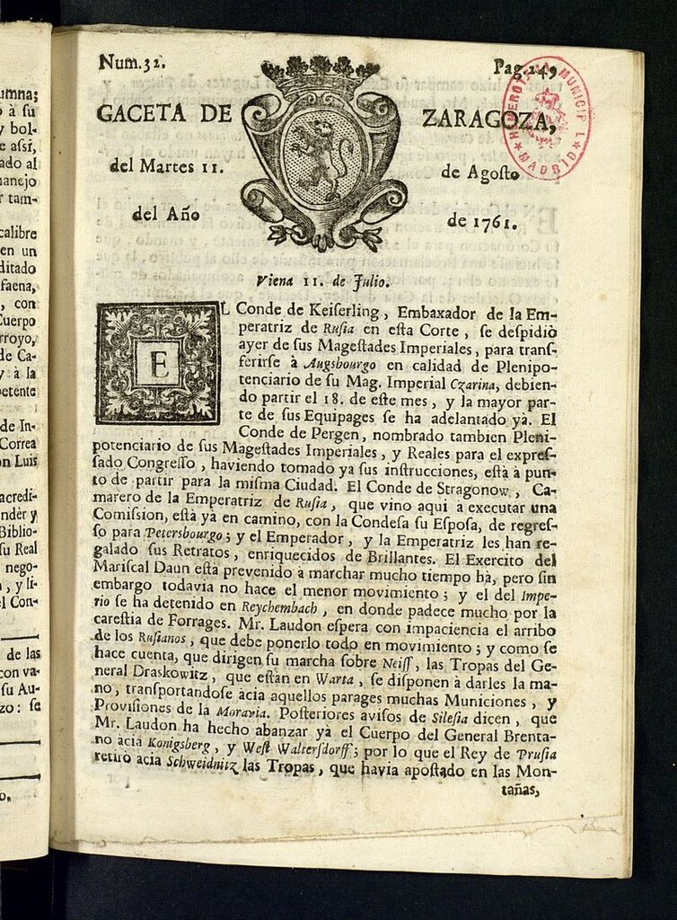 Miniatura de Gazeta de Zaragoza del 11 de agosto de 1761