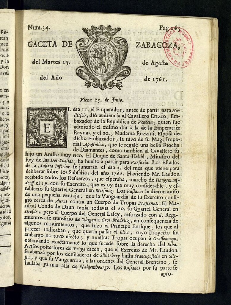Miniatura de Gazeta de Zaragoza del 25 de agosto de 1761