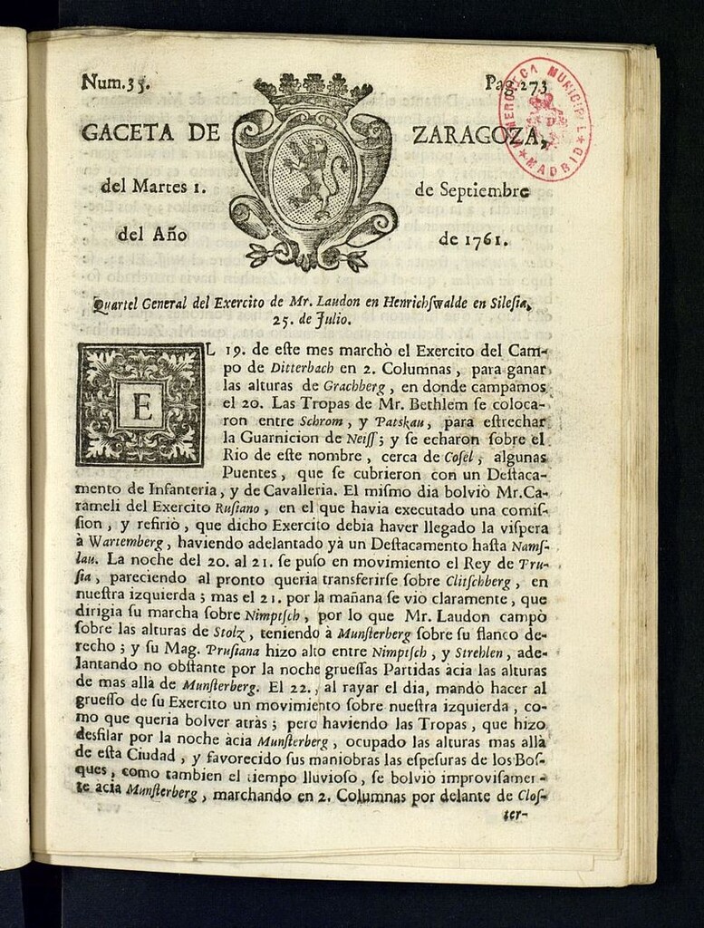 Miniatura de Gazeta de Zaragoza del 1 de septiembre de 1761