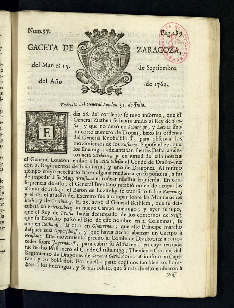 Miniatura de Gazeta de Zaragoza del 15 de septiembre de 1761