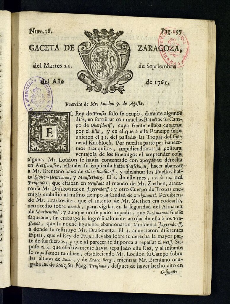 Miniatura de Gazeta de Zaragoza del 22 de septiembre de 1761