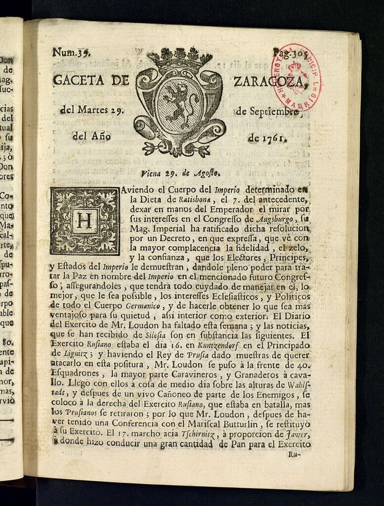 Miniatura de Gazeta de Zaragoza del 29 de septiembre de 1761
