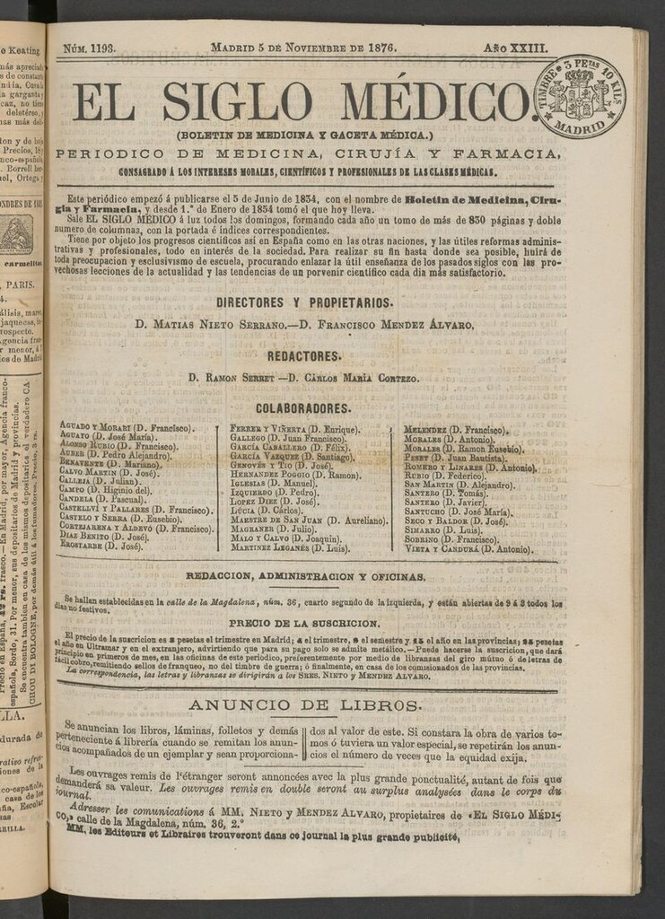 Miniatura de El Siglo Médico: boletín de medicina y gaceta médica del 5 de noviembre de 1876