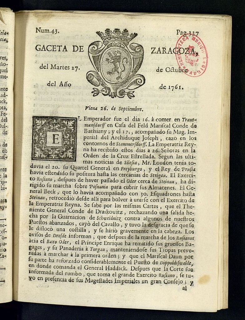 Miniatura de Gazeta de Zaragoza del 27 de octubre de 1761
