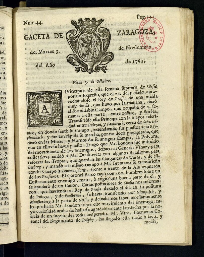 Miniatura de Gazeta de Zaragoza del 3 de noviembre de 1761