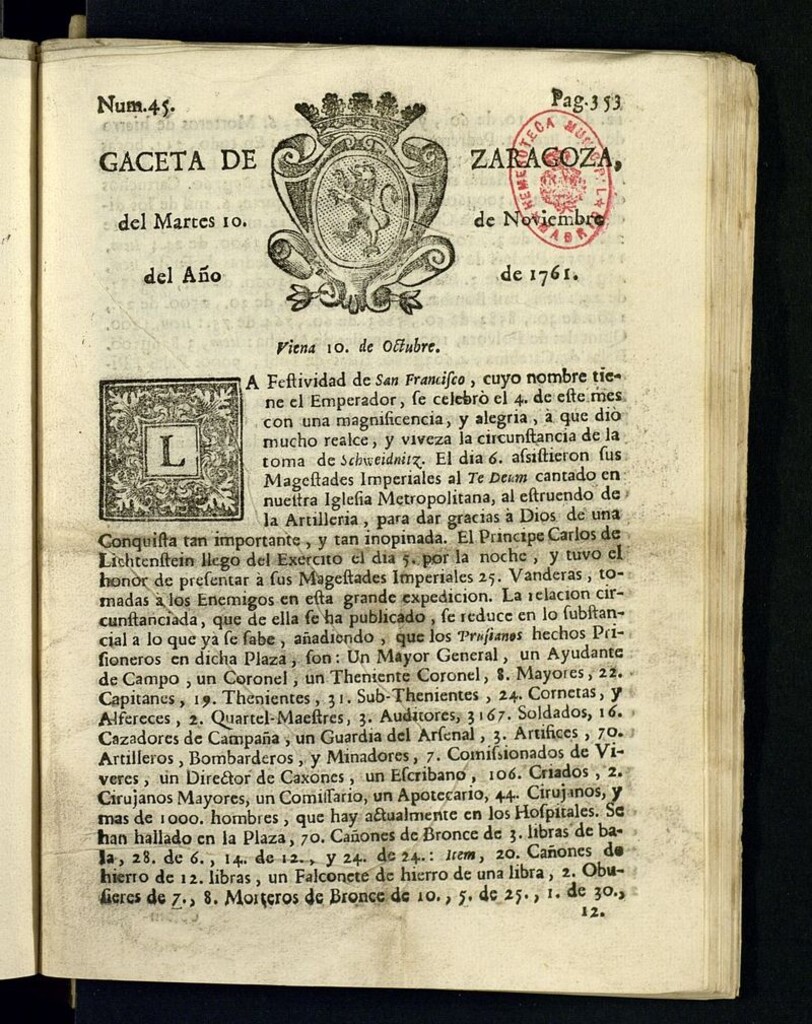 Miniatura de Gazeta de Zaragoza del 10 de noviembre de 1761