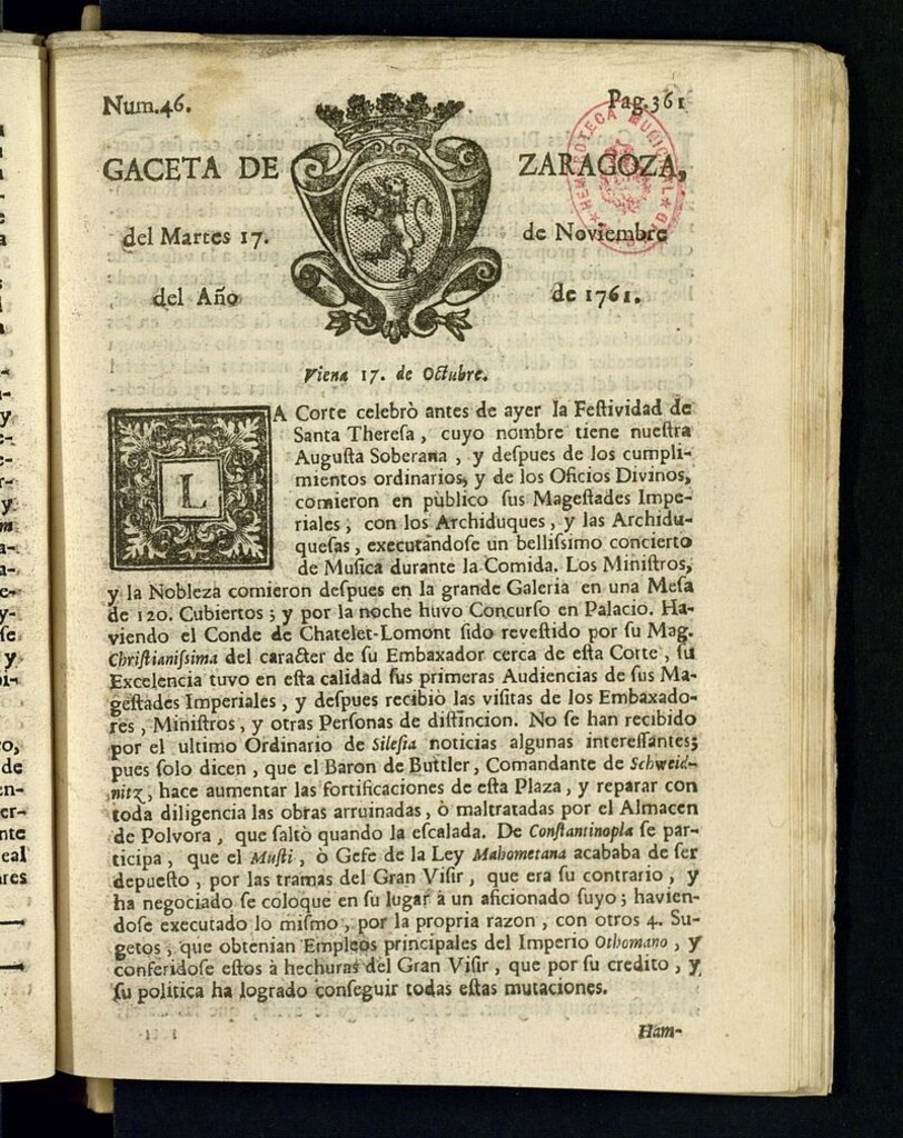 Miniatura de Gazeta de Zaragoza del 17 de noviembre de 1761