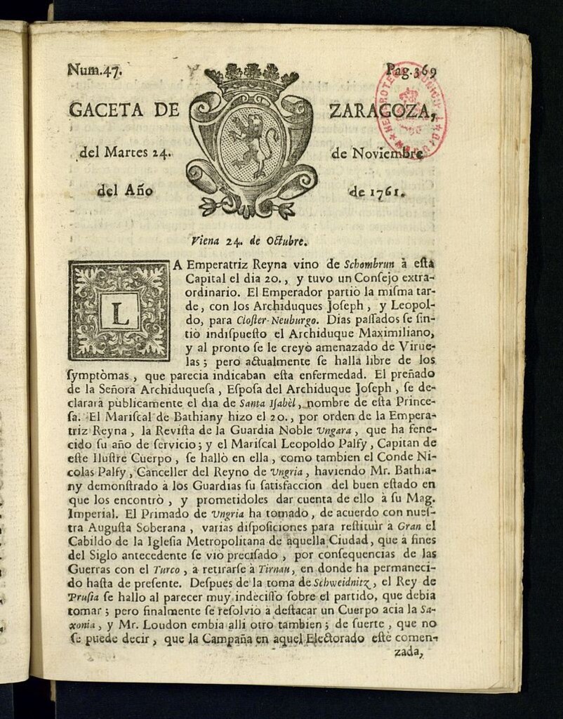 Miniatura de Gazeta de Zaragoza del 24 de noviembre de 1761