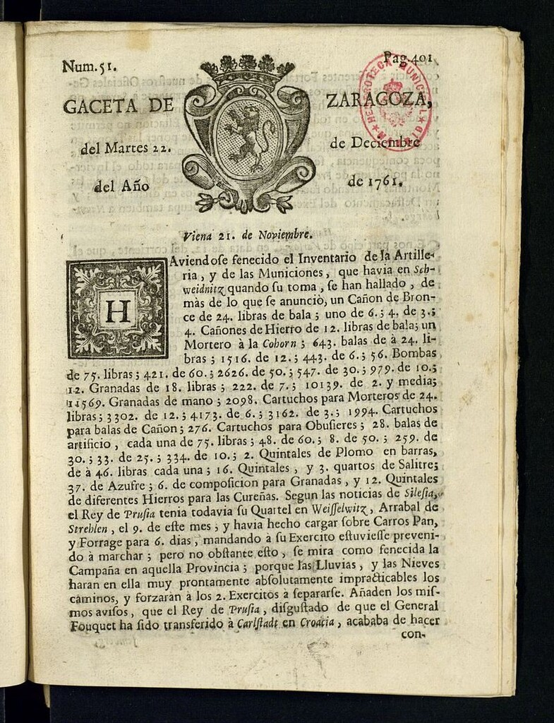 Miniatura de Gazeta de Zaragoza del 22 de diciembre de 1761