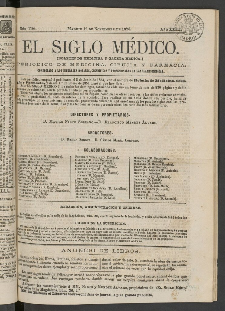 Miniatura de El Siglo Médico: boletín de medicina y gaceta médica del 12 de noviembre de 1876