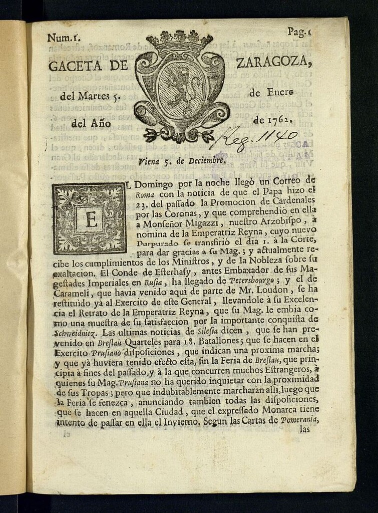 Miniatura de Gazeta de Zaragoza del 5 de enero de 1762