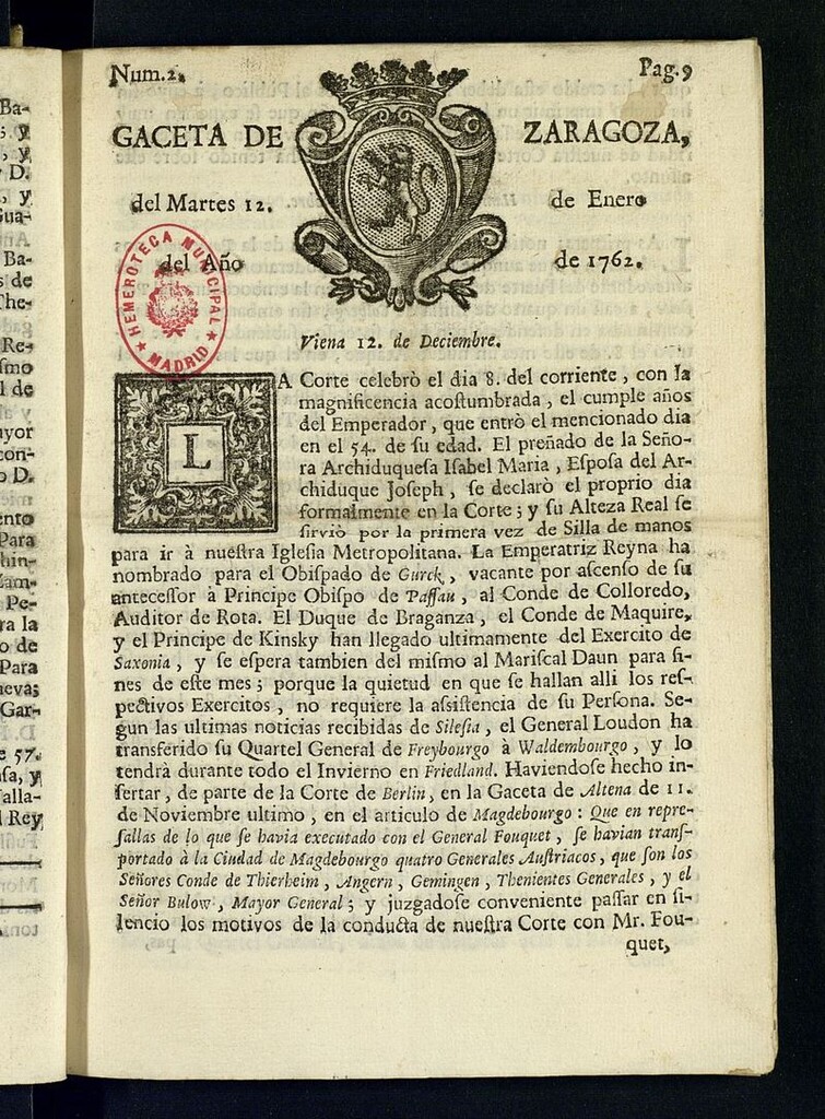 Miniatura de Gazeta de Zaragoza del 12 de enero de 1762