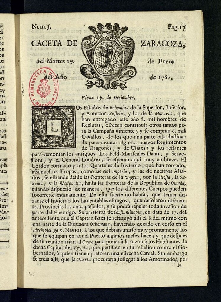 Miniatura de Gazeta de Zaragoza del 19 de enero de 1762