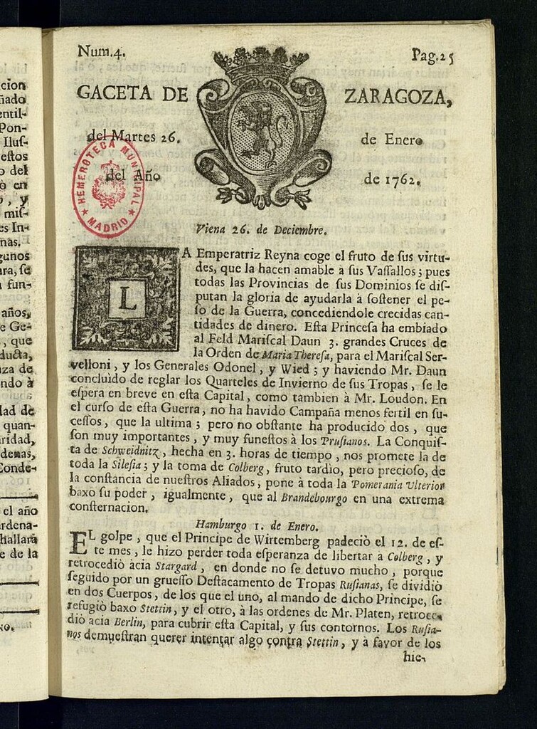 Miniatura de Gazeta de Zaragoza del 26 de enero de 1762